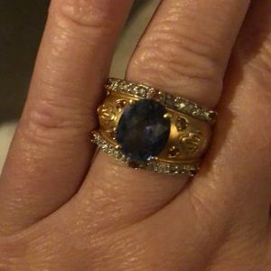 14k yellow gold band ring blue/pink topaz